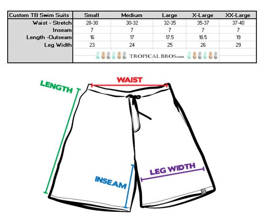 Measurement chart for swim suits with shorts and size chart on a white background