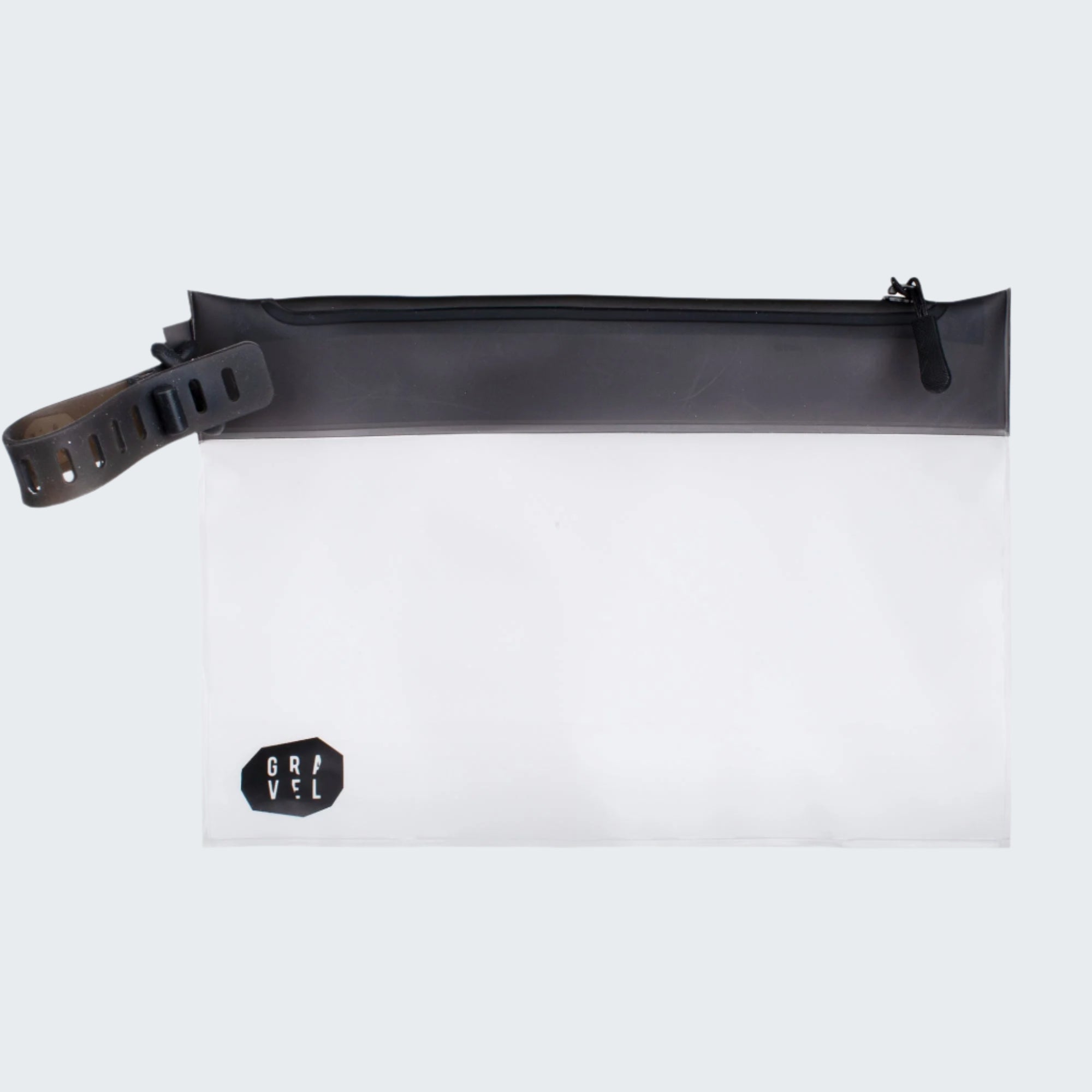 Clear pouch with black zipper and strap on a white background