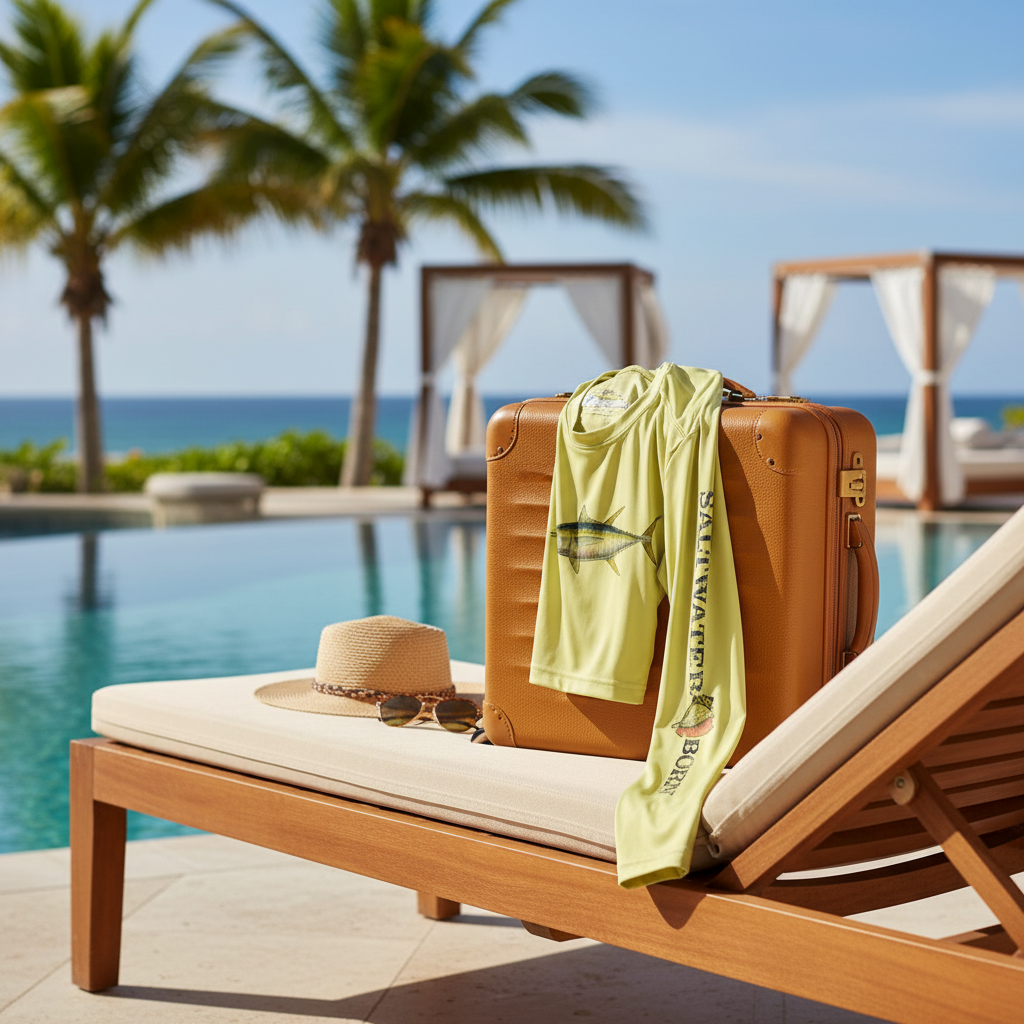 Yellow long-sleeve shirt with fish design and 'Saltwater Born' text on sleeve, on a white background.