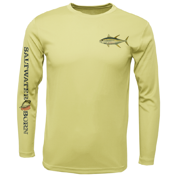 Yellow long-sleeve shirt with fish design and 'Saltwater Born' text on sleeve, on a white background.