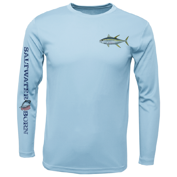 Light blue long-sleeve shirt with fish graphics and 'Saltwater Born' text on a white background