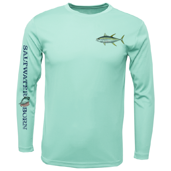 Light blue long-sleeve shirt with fish design and 'Saltwater Born' text on a white background