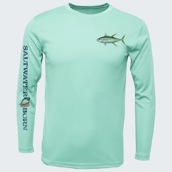 Light blue long-sleeve shirt with fish design and 'Saltwater Born' text on a white background