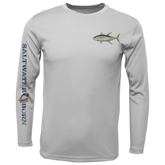 Gray long-sleeve shirt with fish graphics and 'Saltwater Born' text on a white background