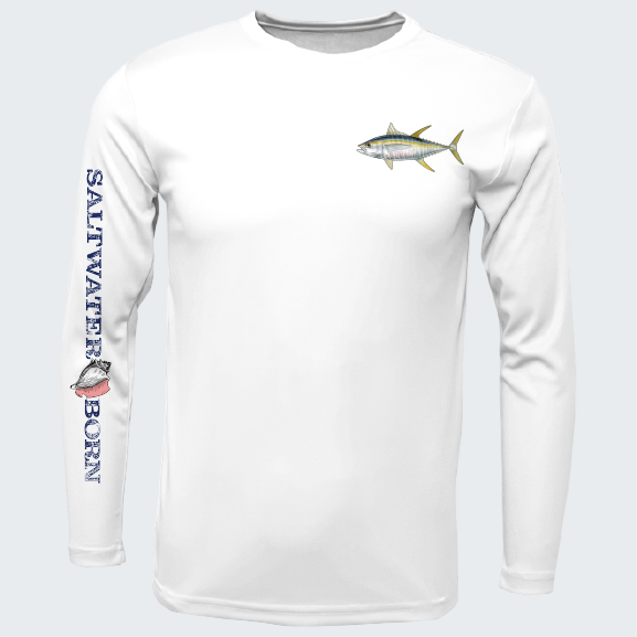 White long-sleeve shirt with fish graphics and 'Saltwater Born' text on a white background