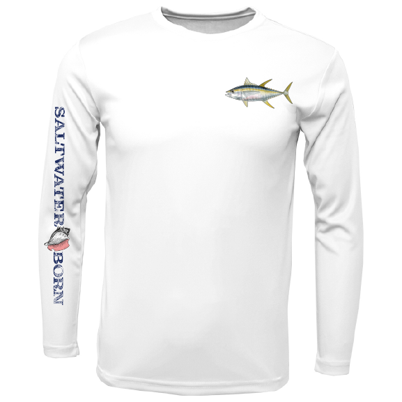 White long-sleeve shirt with fish graphics and 'Saltwater Born' text on a white background