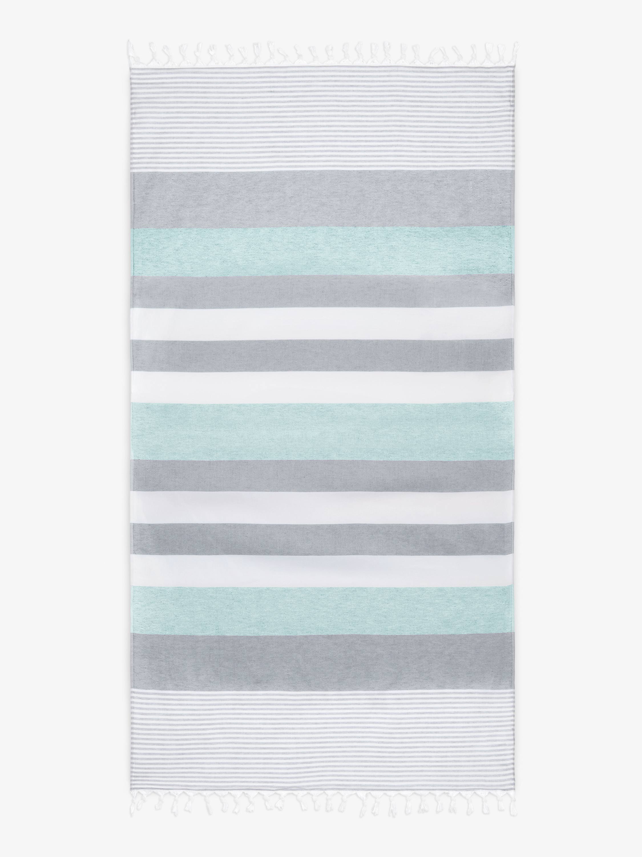 Striped rug with alternating light blue, gray, and white stripes on a white background