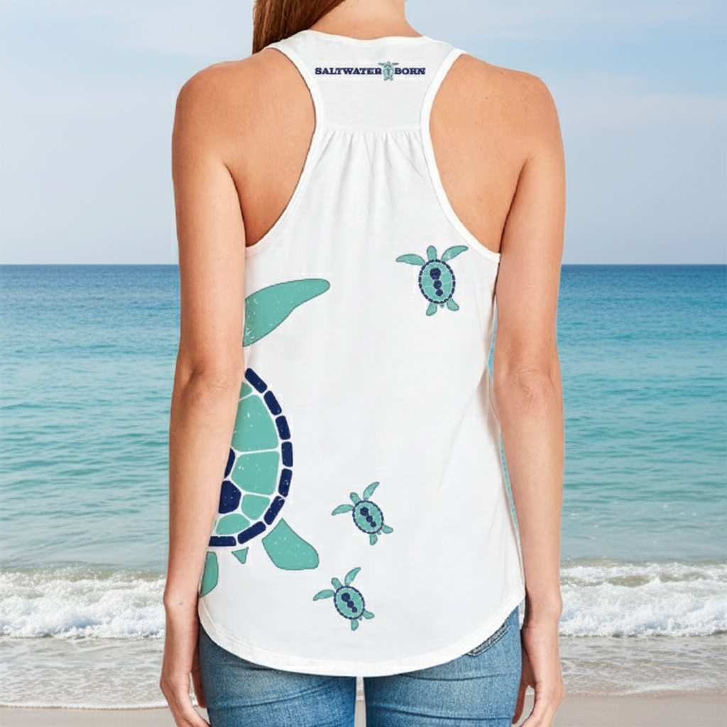 White tank top with turtle design and 'Saltwater Women' text on a white background