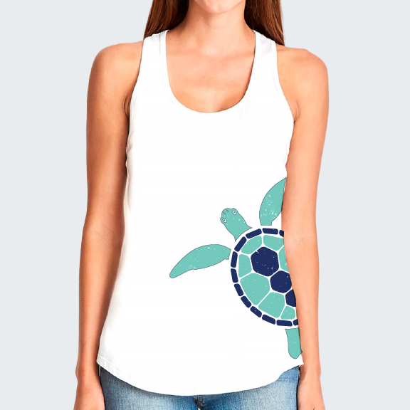 White tank top with a green and blue turtle design on a white background
