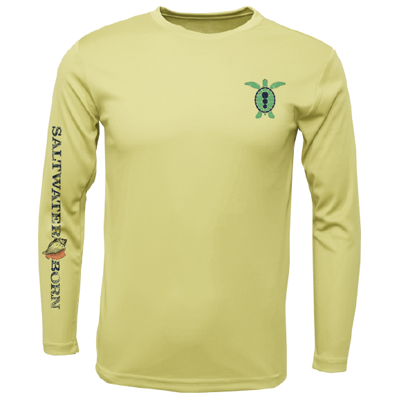 Yellow long-sleeve shirt with turtle design and 'Saltywater Born' text on a white background