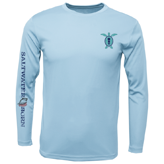 Light blue long-sleeve shirt with turtle design and 'Saltwater Born' text on a white background