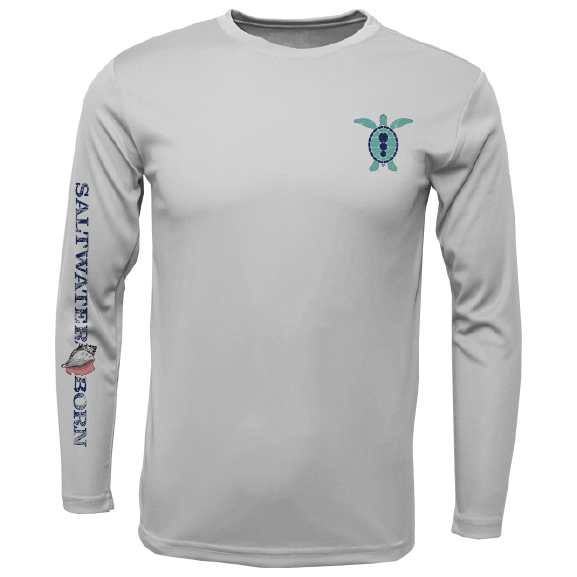 Gray long-sleeve shirt with a turtle logo and 'Saltywater Born' text on a white background