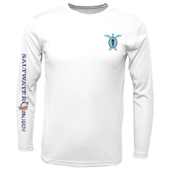 White long-sleeve shirt with turtle design and 'Saltywater Born' text on a white background