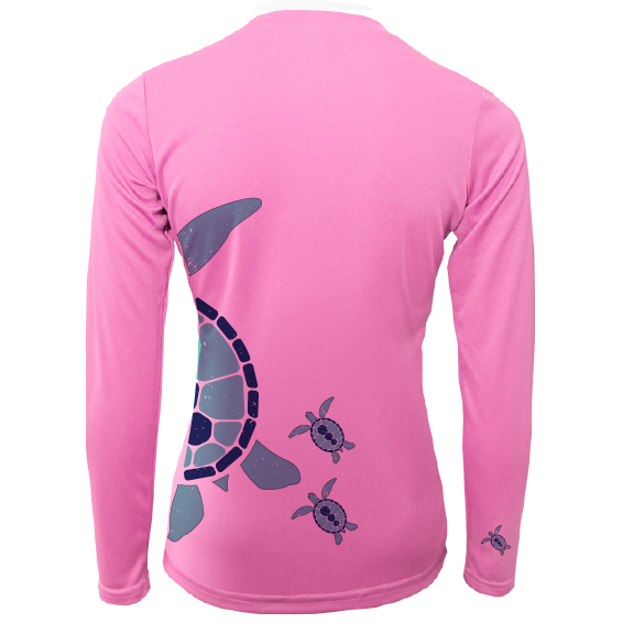 Pink long-sleeve shirt with turtle design on a white background