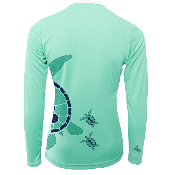 Mint green long-sleeve shirt with turtle design on a white background
