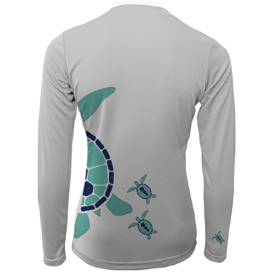 Gray long-sleeve shirt with teal turtle design on a white background