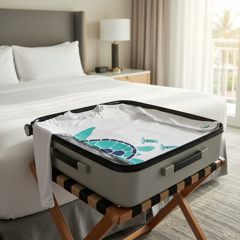 White long-sleeve shirt with teal turtle design on a white background