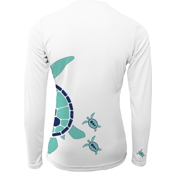 White long-sleeve shirt with teal turtle design on a white background