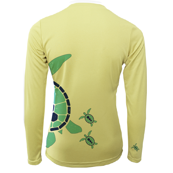 Yellow long-sleeve shirt with green turtle design on a white background