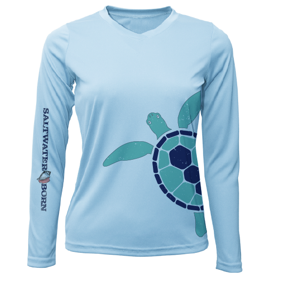 Light blue long-sleeve shirt with a turtle graphic and 'Saltwater Born' text on a white background