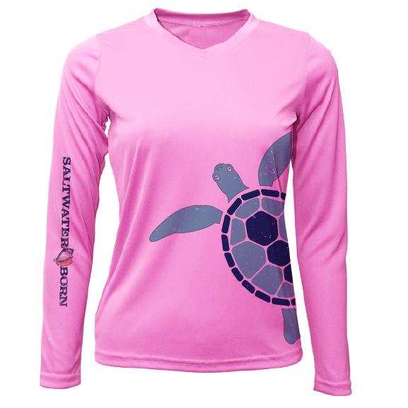 Pink long-sleeve shirt with a turtle design and 'Saywater Born' text on a white background