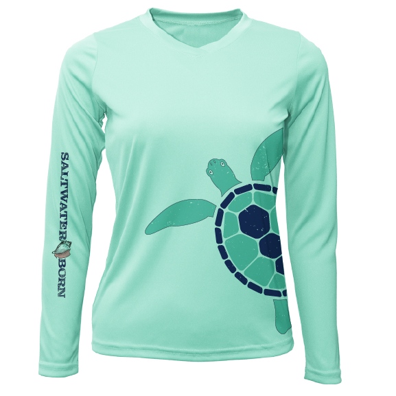 Mint green long-sleeve shirt with a turtle design and 'Saywater Born' text on a white background