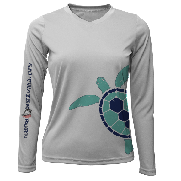 Gray long-sleeve shirt with a turtle graphic and 'Saltwater Born' text on a white background