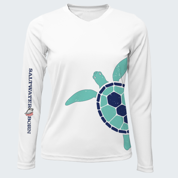White long-sleeve shirt with a turtle design and 'Saltwater Born' branding on a white background