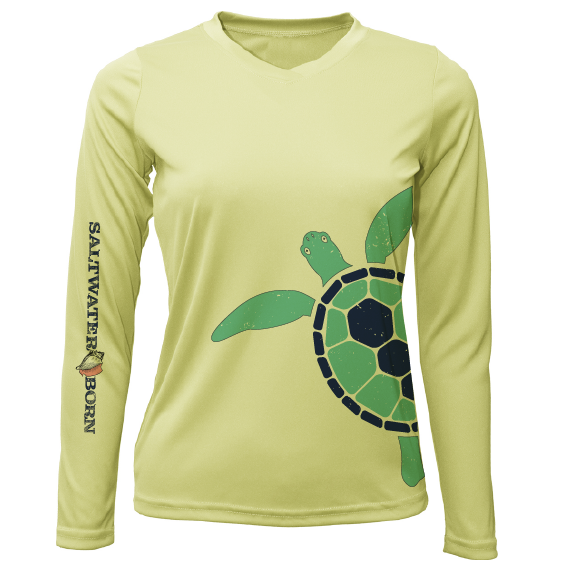 Light green long-sleeve shirt with a green turtle graphic and 'Saywater Born' text on a white background