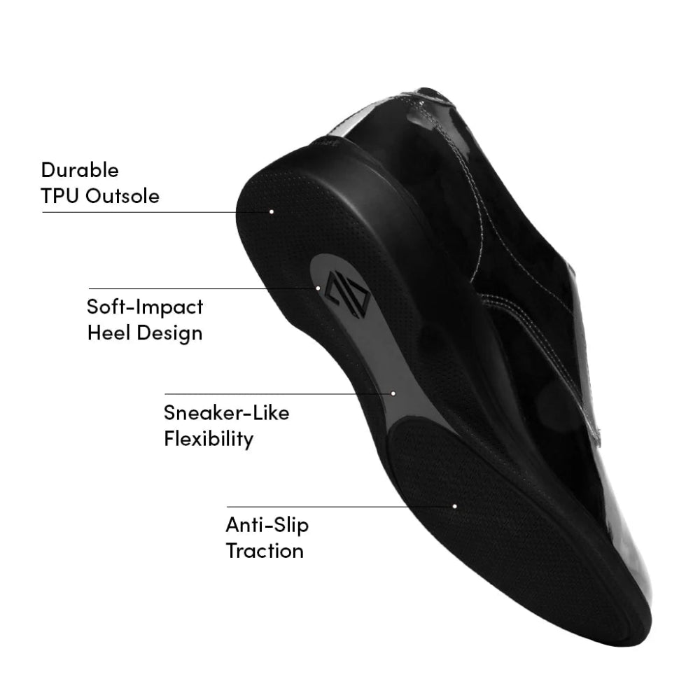 Black shoe sole with labeled features on a white background
