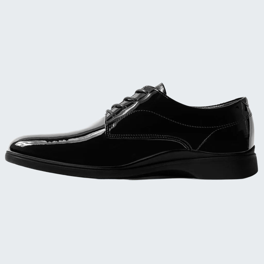 Black dress shoe on a white background
