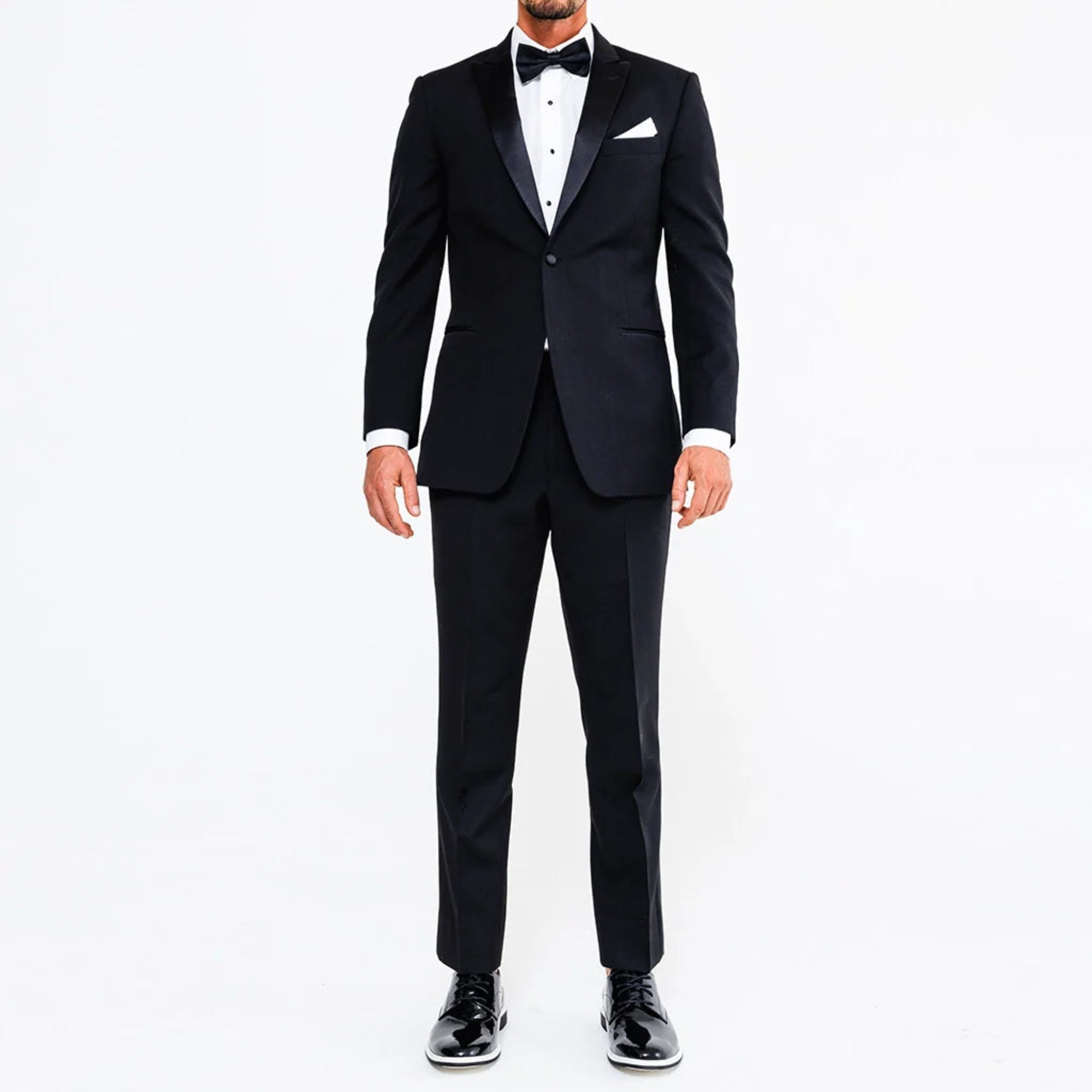 Black tuxedo with a bow tie on a white background