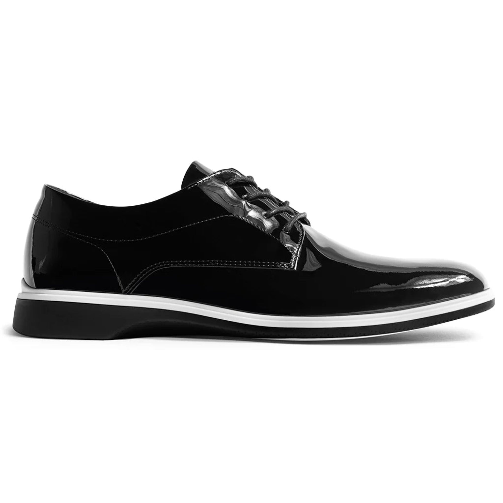 Black patent leather shoe with white sole on a white background