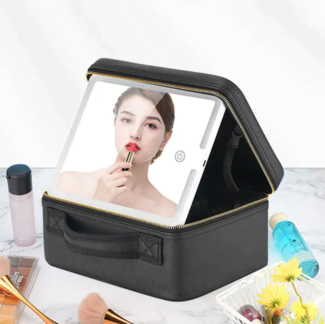 Black makeup bag with a mirror on a white background