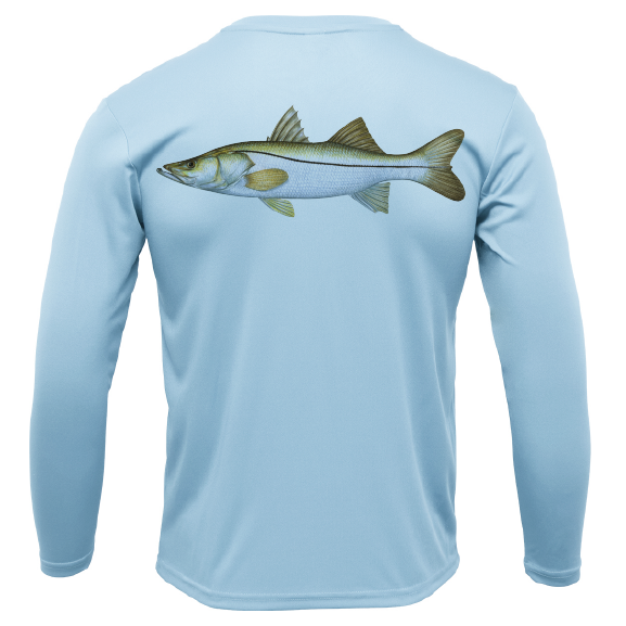 Light blue long-sleeve shirt with a fish graphic on the back against a white background