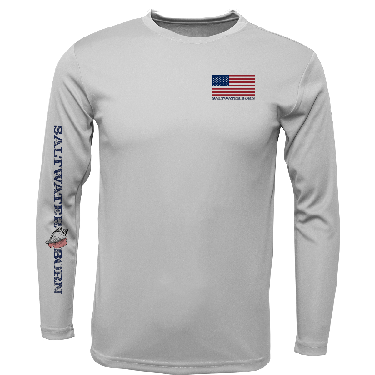 Gray long-sleeve shirt with 'Saltwater Born' branding and American flag on a white background