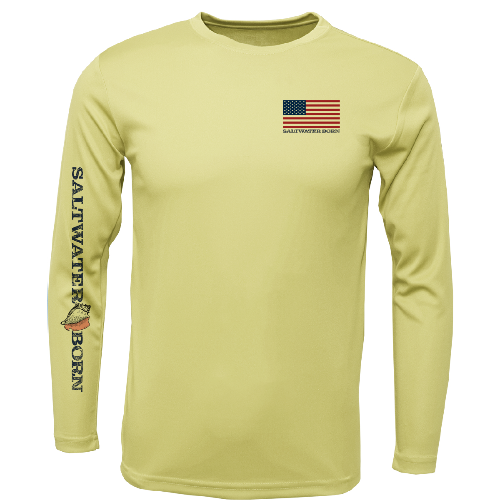 Yellow long-sleeve shirt with American flag and 'Saltwater Born' text on a white background