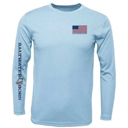 Light blue long-sleeve shirt with American flag and 'Saltwater Born' text on a white background