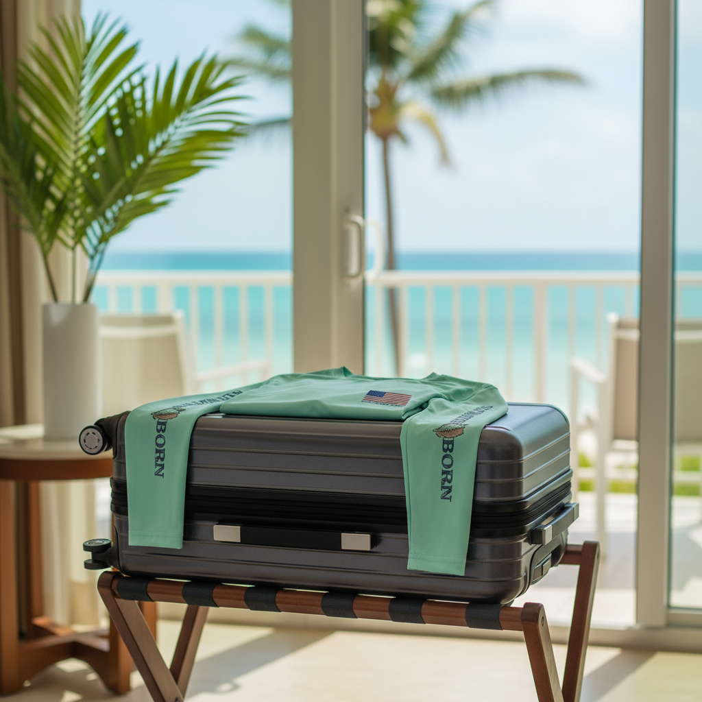 Mint green long-sleeve shirt with American flag and 'Saltwater Born' text on a white background