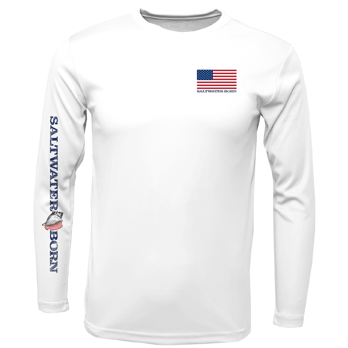 White long-sleeve shirt with American flag and 'Saltwater Born' text on a white background