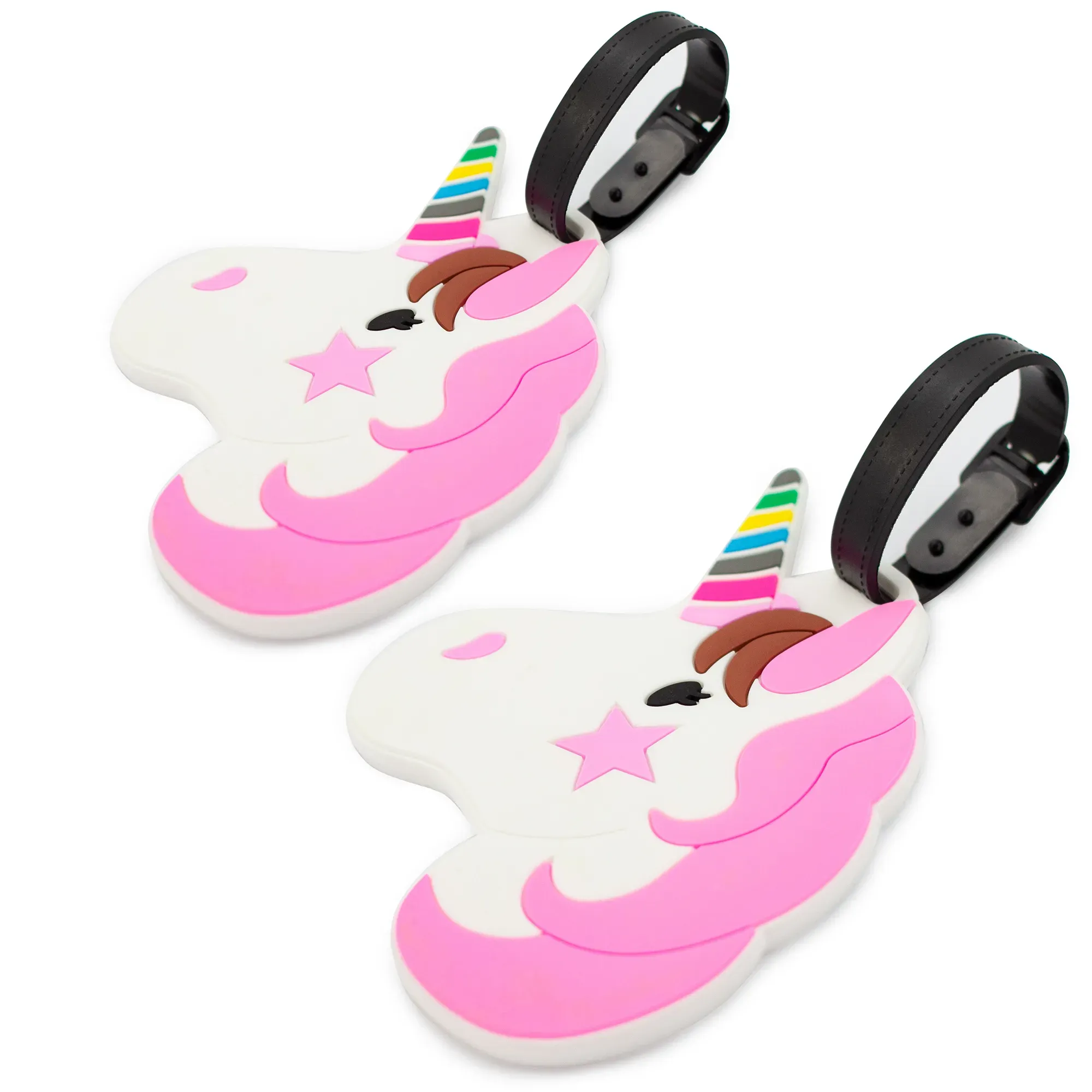 Two pink unicorn-shaped luggage tags on a white background
