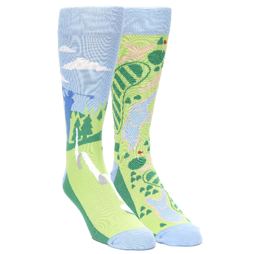 Golf-themed socks with blue and green design on a white background
