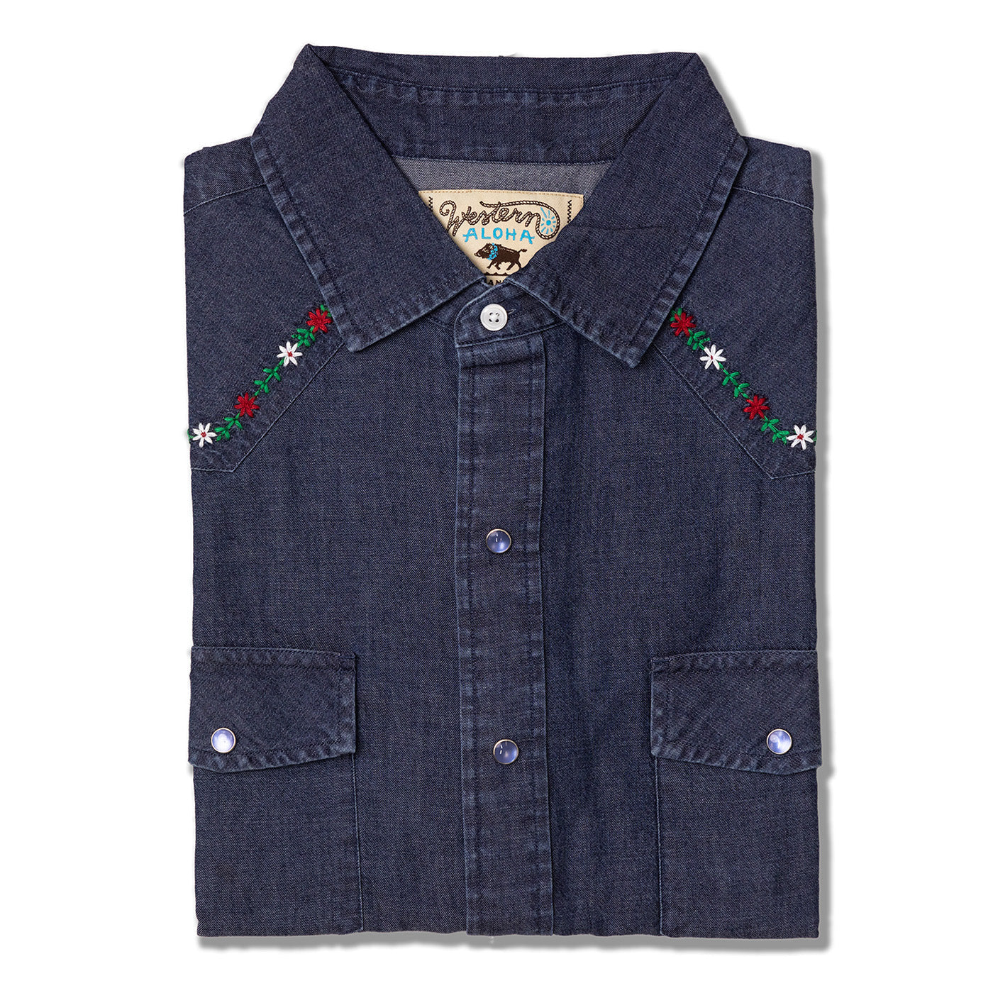 Dark denim shirt with floral embroidery on a white background