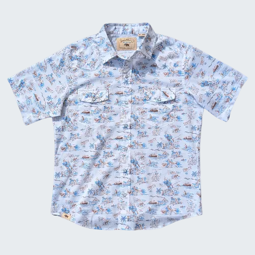 Short-sleeve shirt with a blue and white pattern on a white background