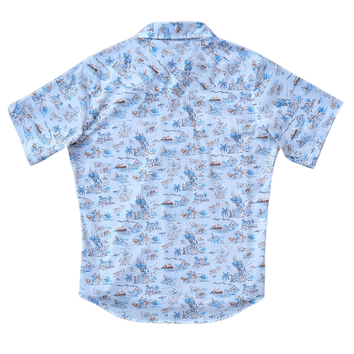 Light blue shirt with a pattern of small illustrations on a white background