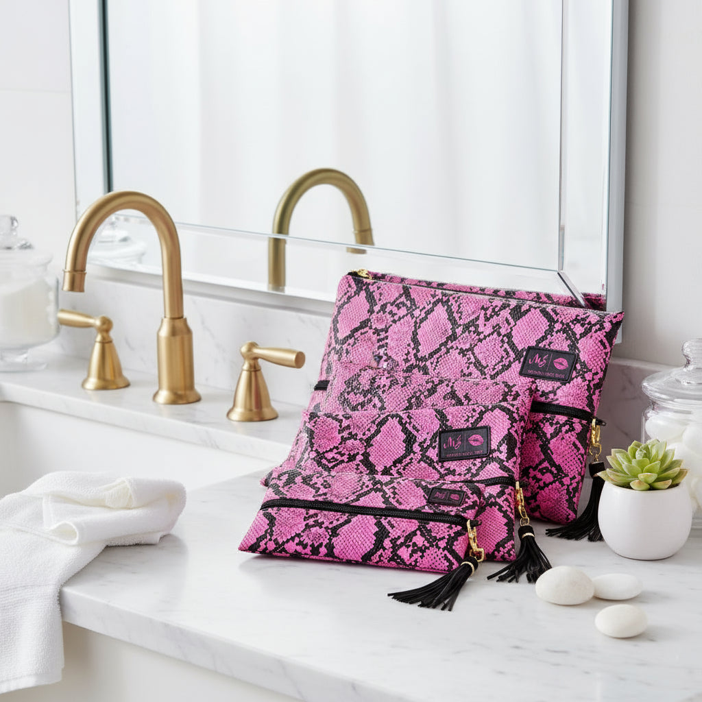 Pink and black patterned clutch bag with tassel on a white background