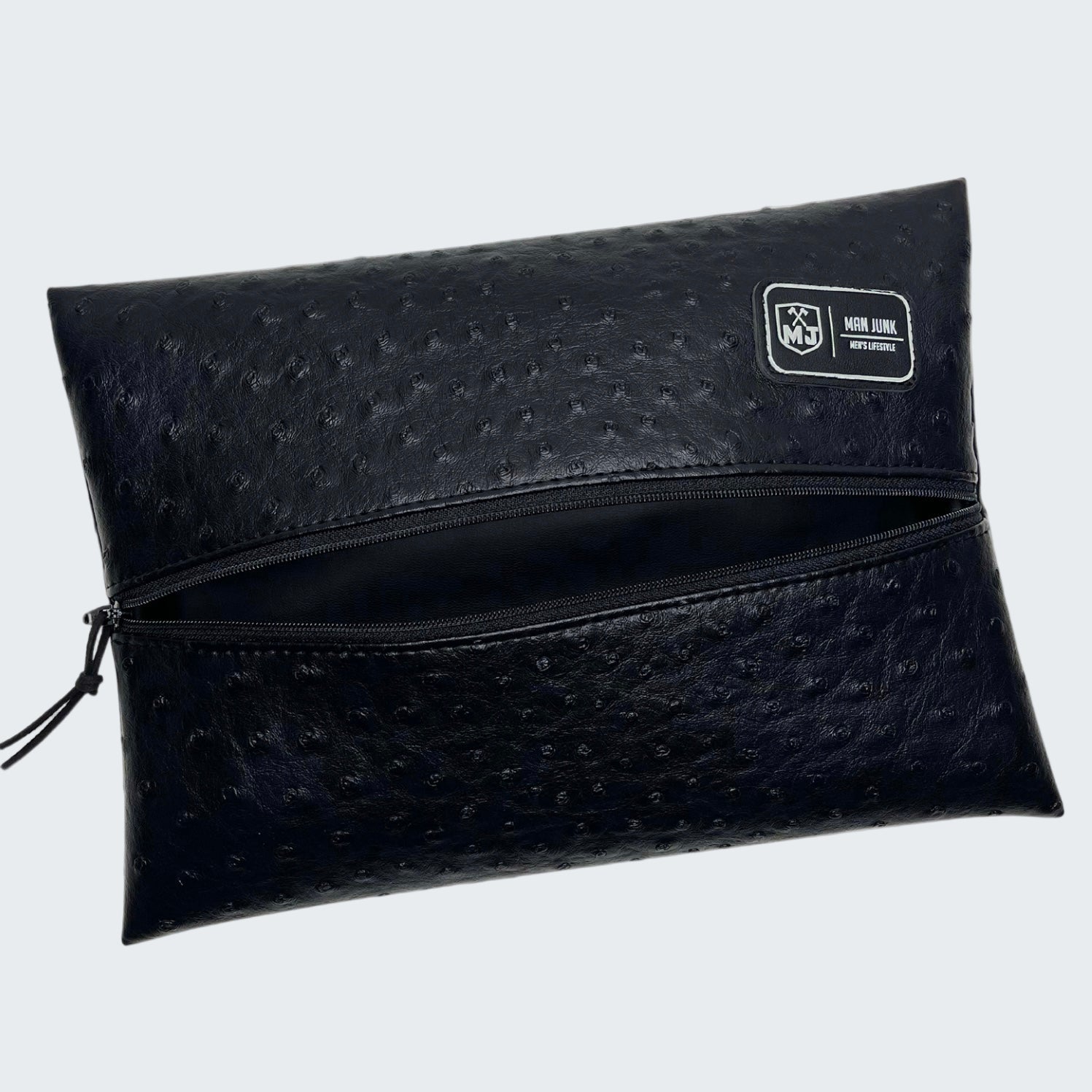 Black textured pouch with a zipper on a white background
