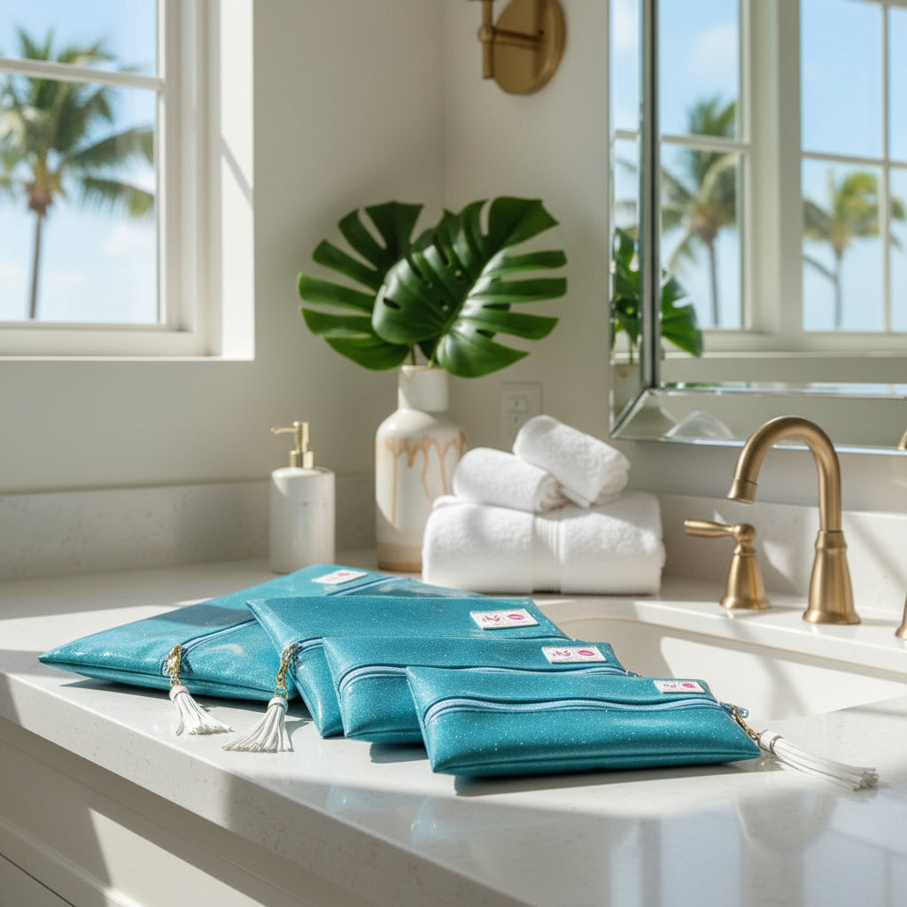 Set of blue glittery pouches with visible brand logo on a white background