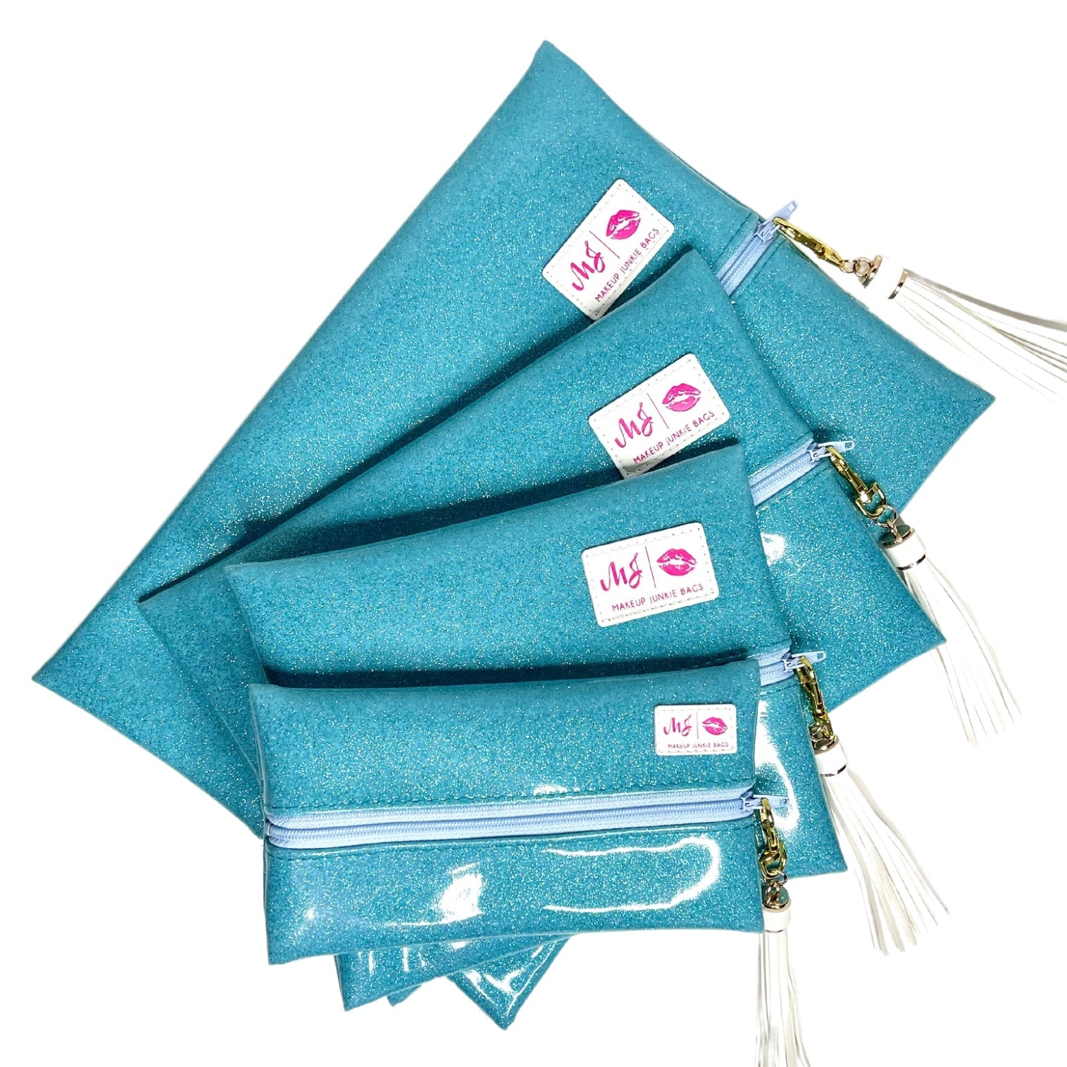 Set of blue glittery pouches with visible brand logo on a white background