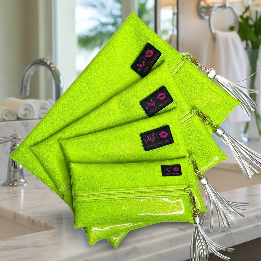 Set of green pouches with visible brand logo on a white background